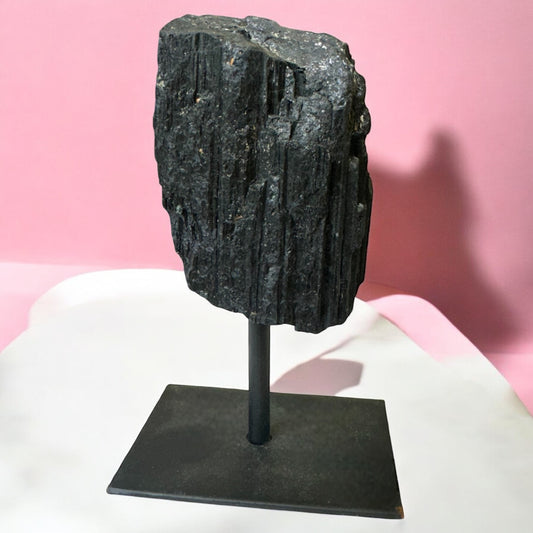 Raw Black Tourmaline Specimen on Stand