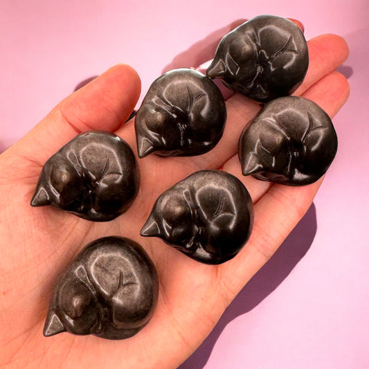 Silver Sheen Obsidian Sleeping Cat Carvings