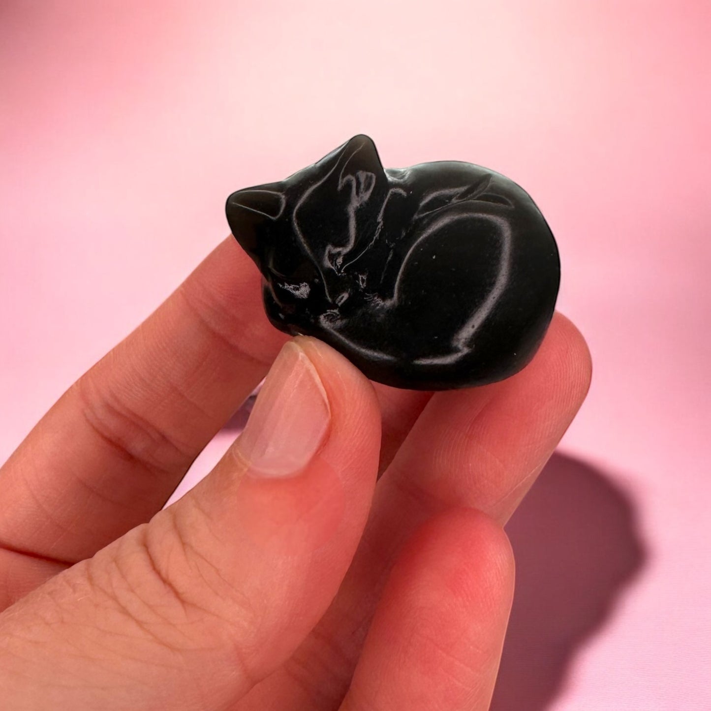 Silver Sheen Obsidian Sleeping Cat Carvings