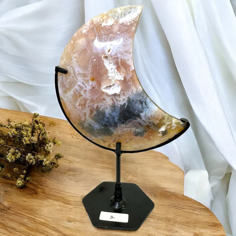 Pink Plume Agate Moon on Stand