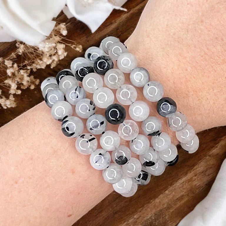 Tourmaline and Quartz 8mm Bead Bracelets